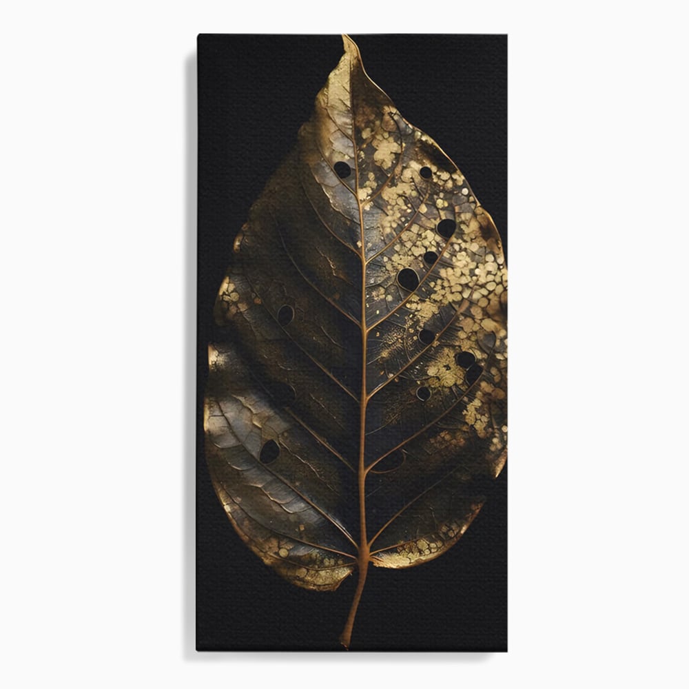 Tablou canvas cu tablou canvas cu frunza aurie pe fundal negru, fara rama, pe sasiu de lemn